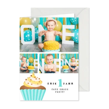 Einladung 1. Geburtstag Fotos & Cupcake blau